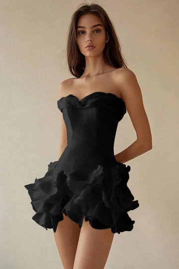 Black Chiffon A-Line Strapless Ruffled Cocktail Dress